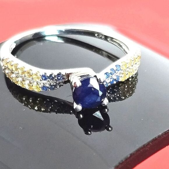 Natural Blue and Yellow Sapphire 925 Sterling Silver Ring - Picture 1 of 10